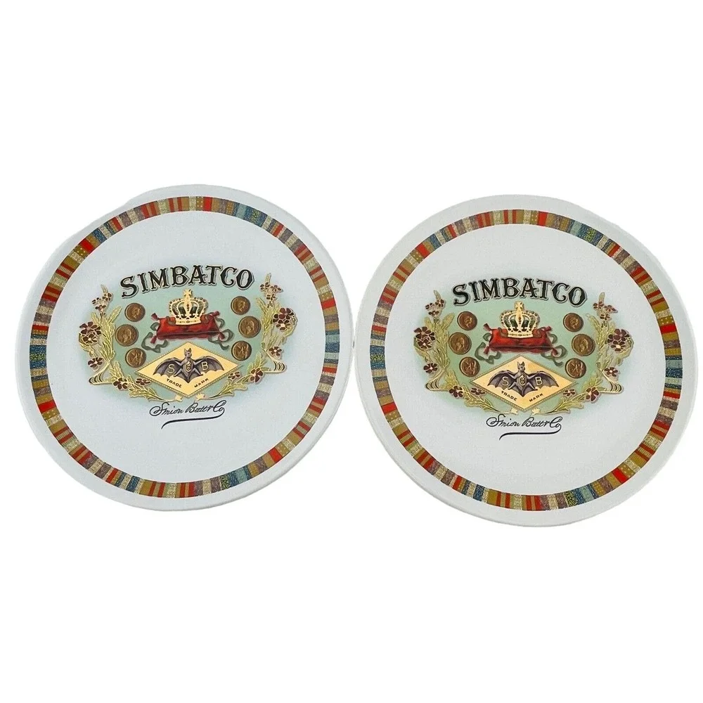 Pottery‎ Barn Simbatco Fireside Club 2 Salad Plate Lot Bat Cigar Box Stripe Trim
